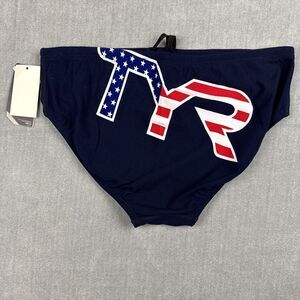 TYR Racer Brief Men's 36 Durafast One Blue Big Logo UPF 50+ Drawstring New